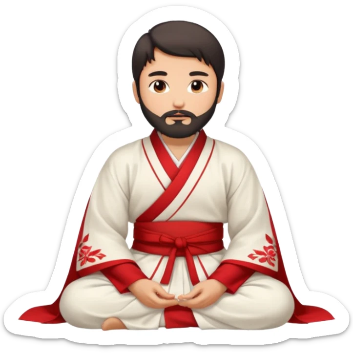 Beautiful man with lightly tan skin and dark beard in white and red Hanfu sitting on the ground sticker