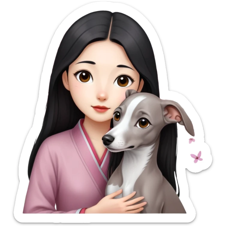 A young Chinese girl with long black hair and a pure grey Italian Greyhound with no white markings sitting under a cherry blossom tree sticker