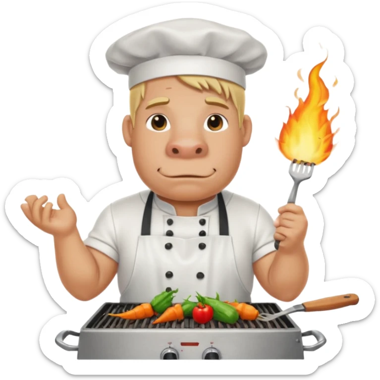 hippo man with tied blond hair and and a white apron grilling vegetables on a sizzling grill sticker