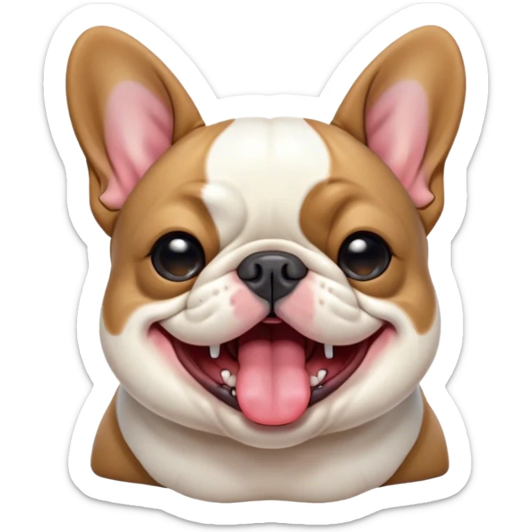 Cinematic Cute Yawning Pied French Bulldog Portrait Emoji, Head tilted with an exaggerated, endearing yawn and sleepy, squinty eyes, showcasing a unique pied fur of contrasting colors with a playful expression, simplified yet irresistibly adorable, highly detailed, glowing with a soft, cozy radiance, high shine, exuding a relaxed, humorous charm, styled with a gentle, soft glowing outline, capturing the essence of a Pied French Bulldog in a blissfully cute yawn that warms the heart! sticker