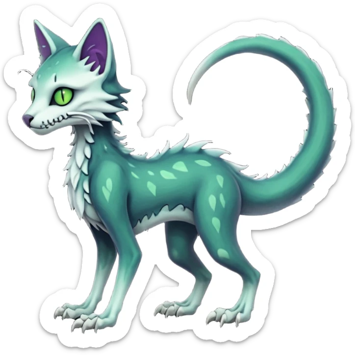 Bloody gory spectral spooky dark bleak blackish swampy white-skeletal gloomy ghostly dark greyish dark-deep-greenish foggy eldritch beautiful realistic edgy fantasy ghoul-like stitched feline-vernid-sergal-fursona animal creature with a tufted tail full body with intricate markings  sticker