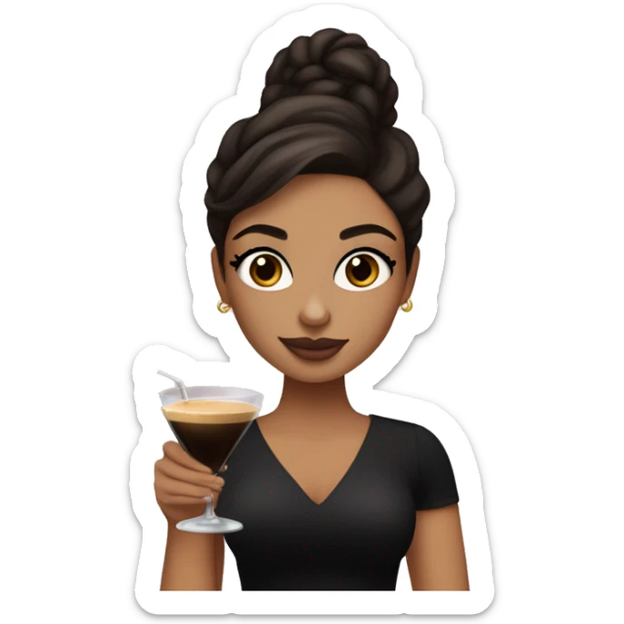 Tan girl with brown eyes and dark brown hair with lashes holding espresso martini. Wearing makeup and black top sticker