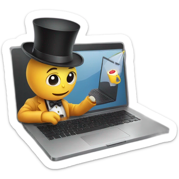 magician programming a laptop with an emoji of a truck on the laptop screen sticker
