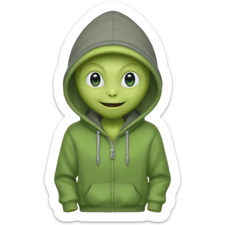 green alien in gray hoodie full height, wear hoodie hat, happy sticker