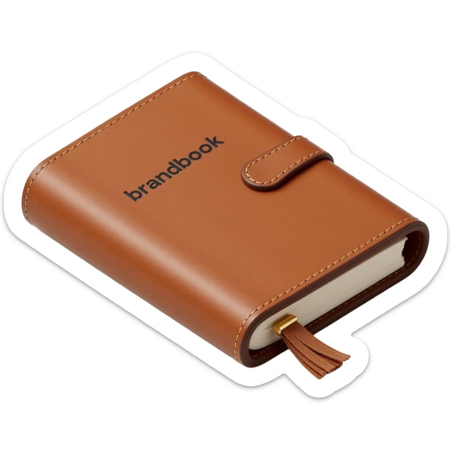 leather-bound notebook with stitching and 'brandbook' in bold written on it, skeuomorphism icon style sticker