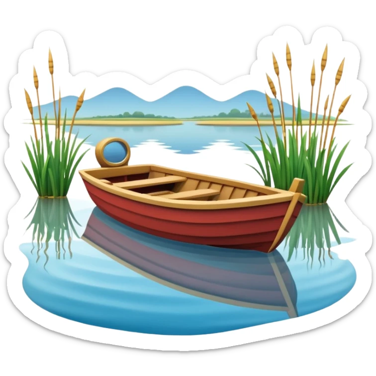 A 3D cartoon small boat floating on estuary water, with nearby reeds and horizon in view, bright lighting, photo frame,Memoji-style. sticker