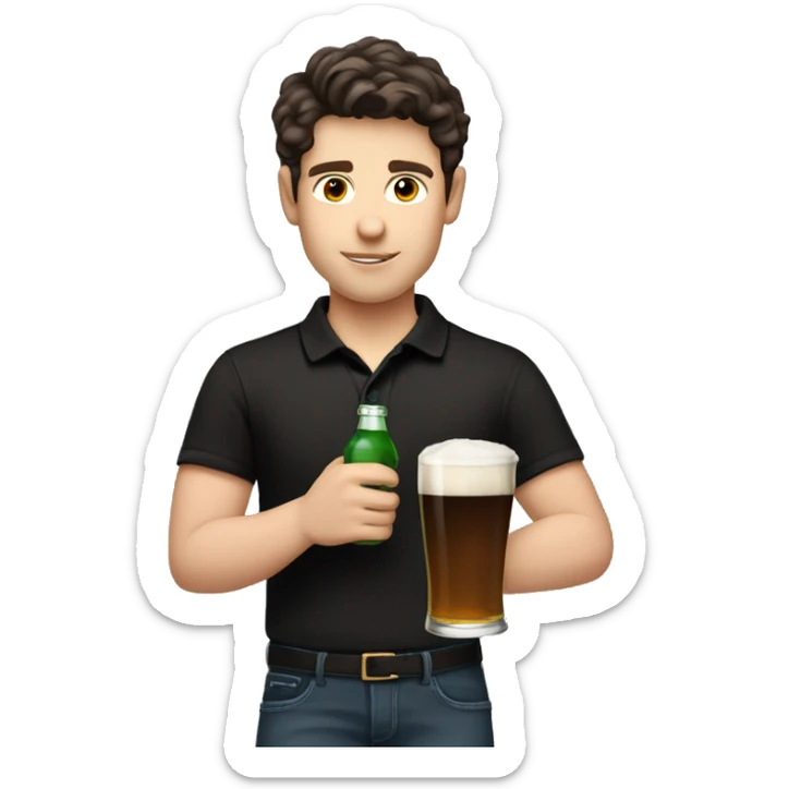 Short hair slightly curly dark brown hair boy with pale skin and brown eyes wearing black polo holding a pint alcohol in hand   sticker