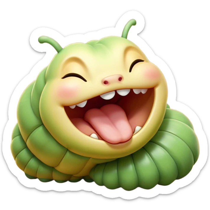 Cinematic Adorable Yawning Caterpillar Portrait Emoji, Head tilted slightly with a dramatic, wide-open yawn, showcasing a plump, segmented body with softly drooping edges and sleepy, half-closed eyes, Simplified yet irresistibly cute features, highly detailed, glowing with a soft, cozy natural glow, high shine, relaxed yet expressive, stylized with a dash of whimsical transformation charm, soft glowing outline, capturing the essence of a drowsy caterpillar that appears ready to stretch and yawn its way out of the screen! sticker