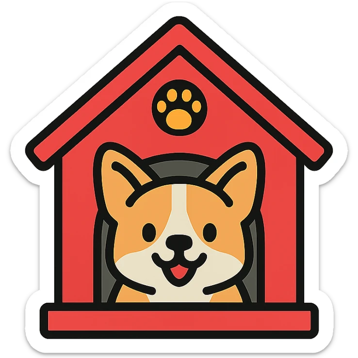 red dog house with a playful and cute Corgi dog inside, clear view of the Corgi, icon style sticker