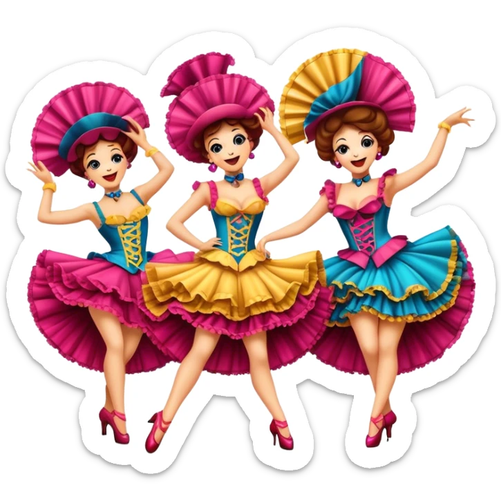 Cinematic Realistic Can-can Dance Emoji, depicted as a lively cabaret dance scene with flouncy costumes and dynamic energetic movement, rendered with vibrant textures and playful theatrical lighting that captures the spirit of French cabaret. sticker