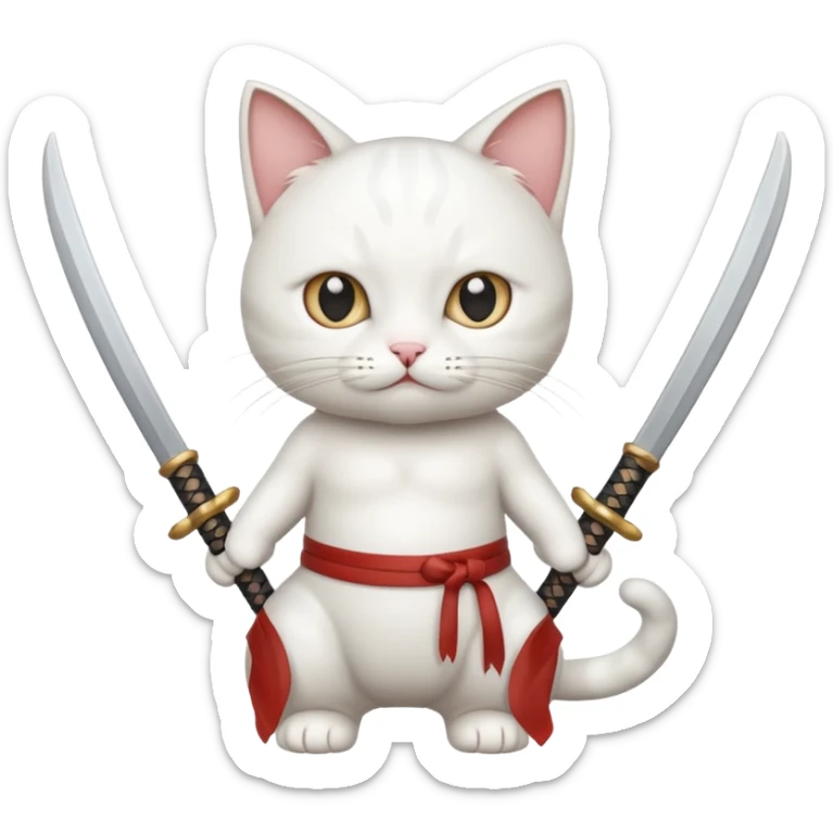 un gato blanco con reeferencia a roroa zoro "una espada en cada mano y una en la boca sticker