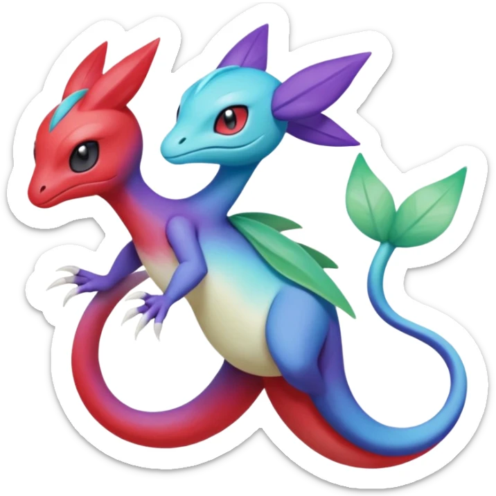 Purple-red-blue-white-gradients Meloetta-Larvitar-Axew-Grovyle-Pokémon-Fakémon-hybrid-fusion-creature sticker