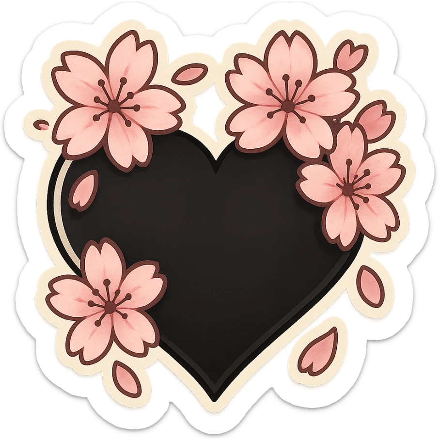 goth sakura heart, black heart with pink cherry blossom petals, cute and dramatic sticker