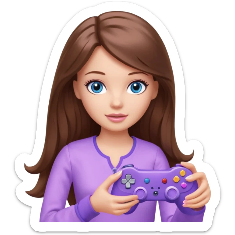 beautiful barbie girl with long brown hair, blue eyes and wearing light purple clothes playing console games with controller sticker