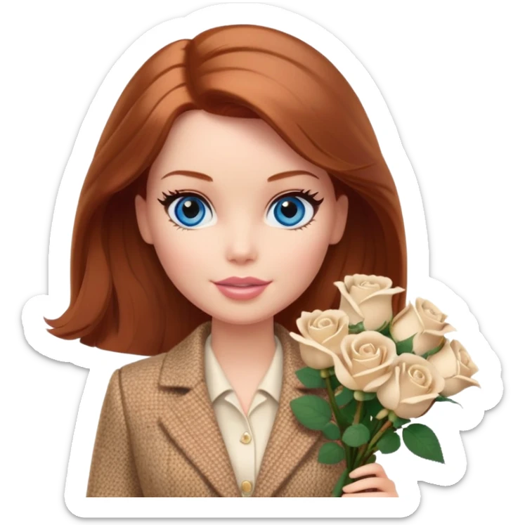A Barbie girl with blue eyes, shoulder-length reddish-brown hair, made-up, wearing a beige tweed jacket and a beige skirt, with a bouquet of white roses sticker