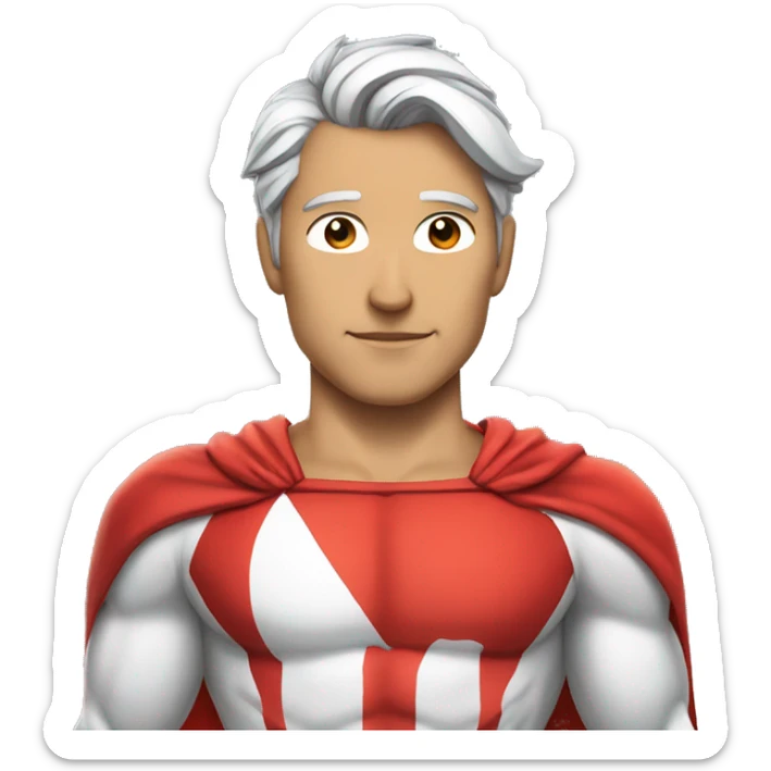 a male canadian superhero wearing red and white clothes that has a mapple leaf on chest and dark grey hair in a ponytail sticker