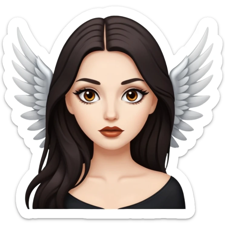 A white girl with dark long hair with brown eyes and long lashes with a winged eyeliner and full lips sticker