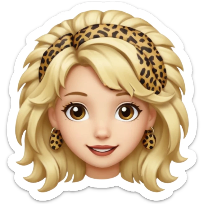 Une fille blonde et joyeuse. Elle porte une coiffure rock et originale avec des barrettes pour cheveux  léopard et motif peau de vache. sticker