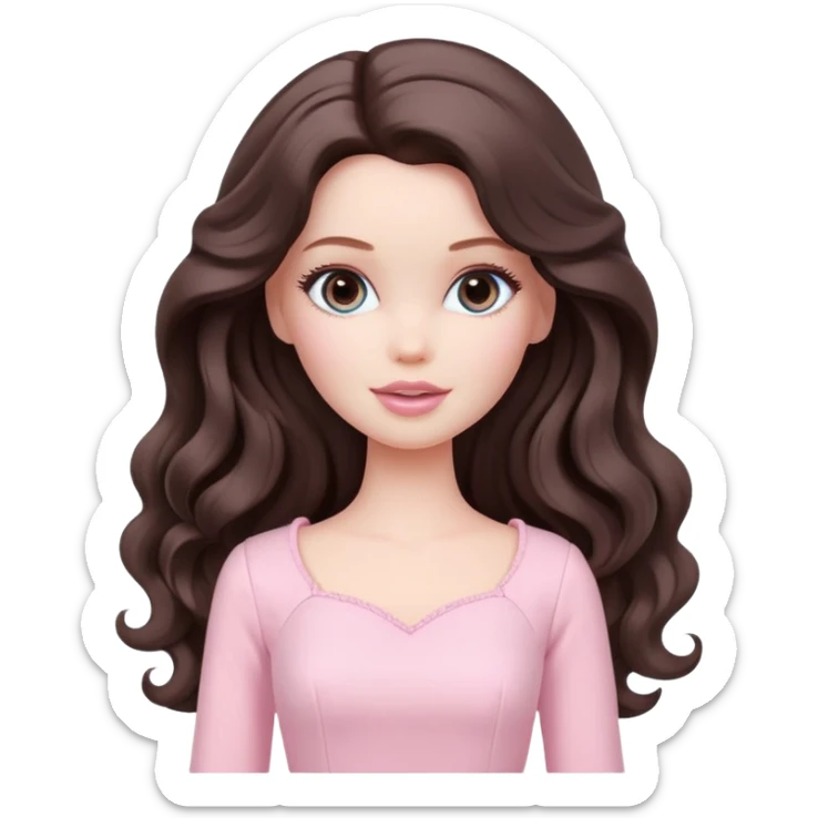 A white Barbie girl with long dark brown wavy hair in pale pink clothes has loving look sticker