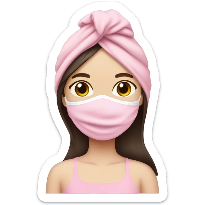 Pale girl with pink face mask in a pink towel with dark brown hair  sticker