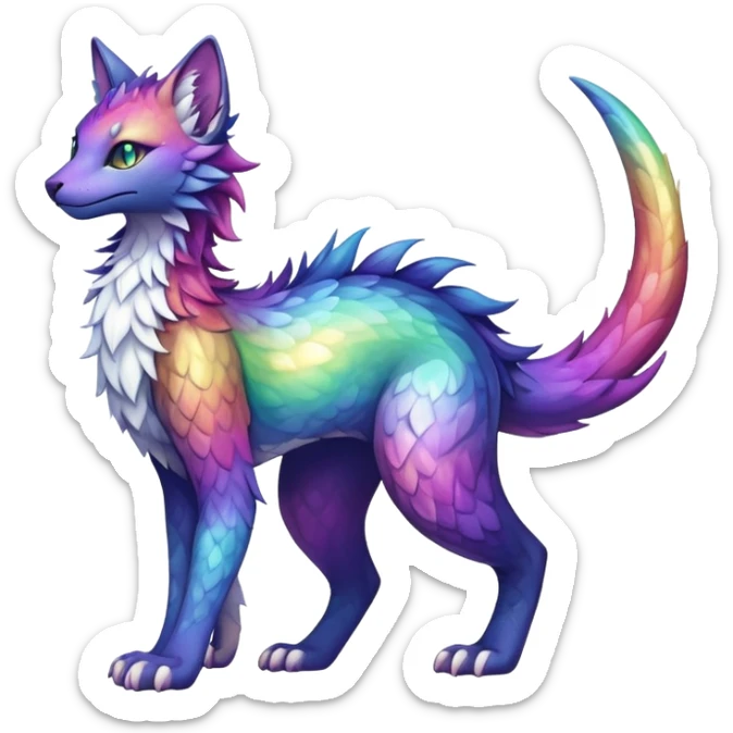 Kawaii dark rainbow iridescent fantasy ethereal feline-vernid-sergal-fursona animal creature with a tufted tail full body with intricate markings sticker