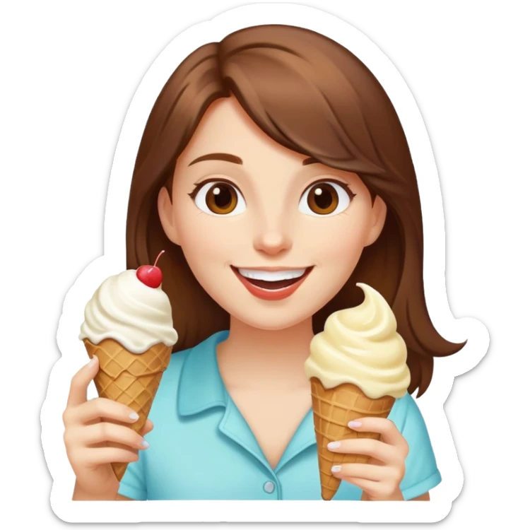 girl with brown hair slurping ice cream cone that’s vanilla flavour smiling super happily  sticker