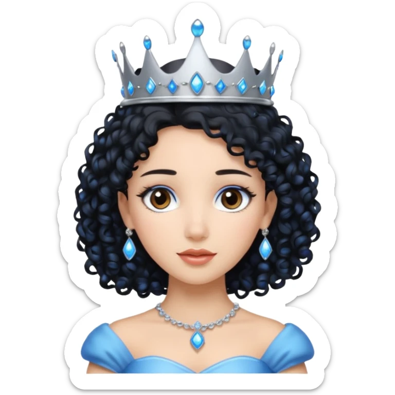 Por favor hazme el emoji de la princesa pero con el pelo negro y rizado, los ojos marrones y la corona plateada con jollas azules sticker