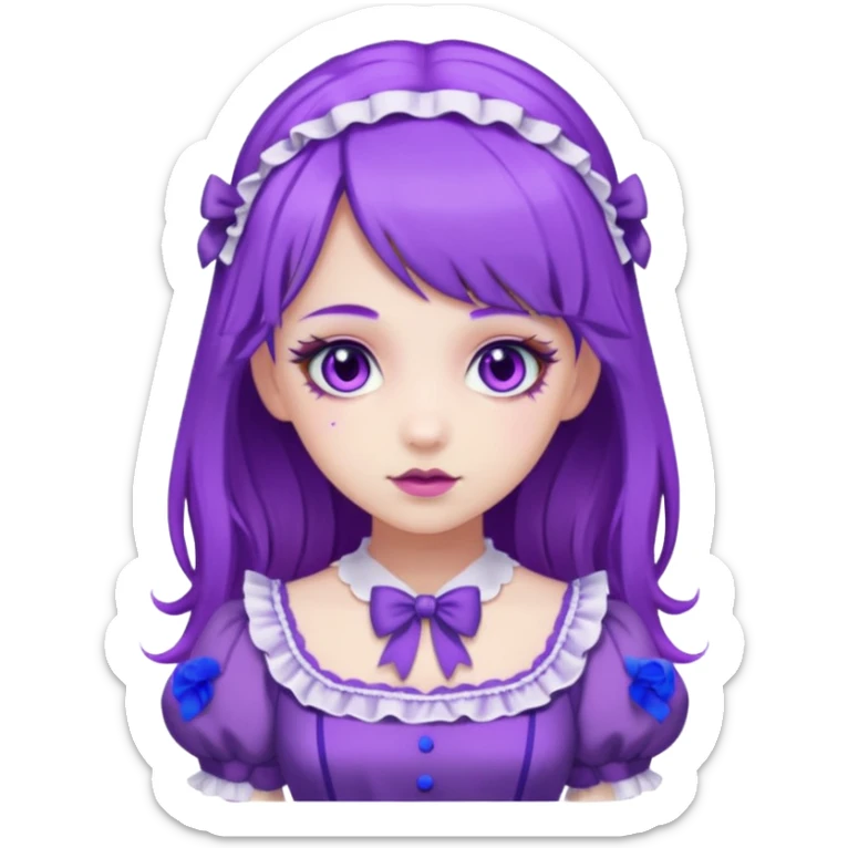 sweet lolita with purple hair, purple eyes, white skin, wearing a purple dress sticker