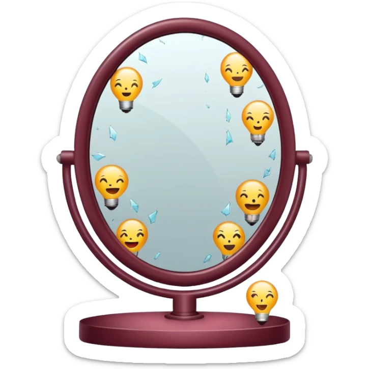 Minimalist emoji-style sticker of a vanity mirror with dim bulbs and cracked glass, words “Am I real yet?” smeared in dusty lipstick tone


 sticker