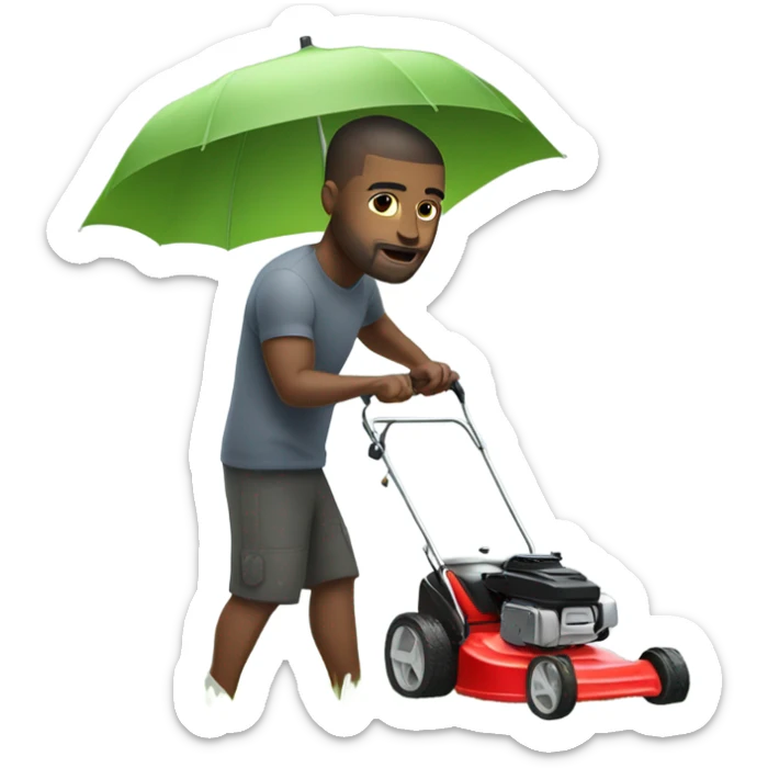 A muscular white man with tattoos cutting grass with a lawn mower with umbrella sticker