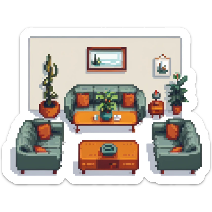 escenary 3d of a cozy mid-century living room with two people working on laptops, one man standing at a desk, and one woman sitting on a couch sticker
