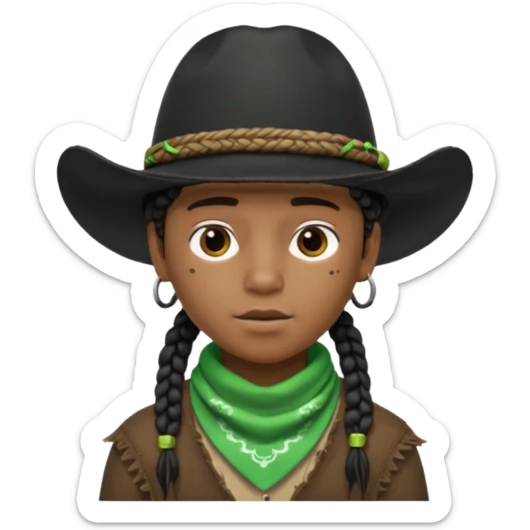 Black boy with short box beaids wearing a black cowboy hat with green bandana around his neck sticker