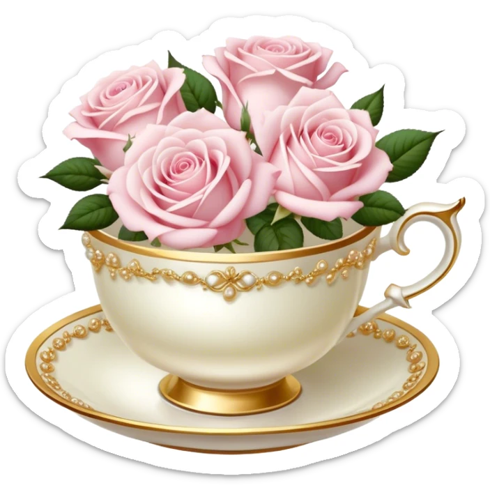 Elegant arrangement of pale pink roses in a pearl teacup with gold trim, vintage-style. sticker