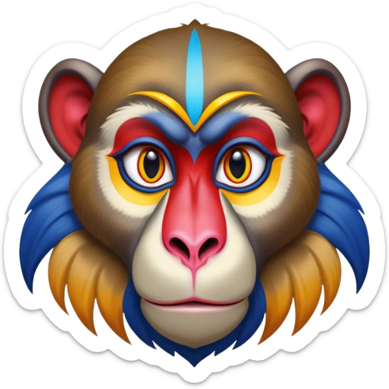 Cinematic Noble Mandrill Portrait Emoji, Poised and regal, with a striking, powerful build and a vivid, multicolored face accented by bold blue, red, and yellow hues, deep-set soulful eyes, Simplified yet sharp and sophisticated features, highly detailed, glowing with a vibrant, dignified glow, high shine, intelligent and commanding, stylized with an air of exotic majesty, focused and attentive, soft glowing outline, capturing the essence of a watchful and confident primate, so majestic it feels as though it could step out of the screen with effortless authority! sticker