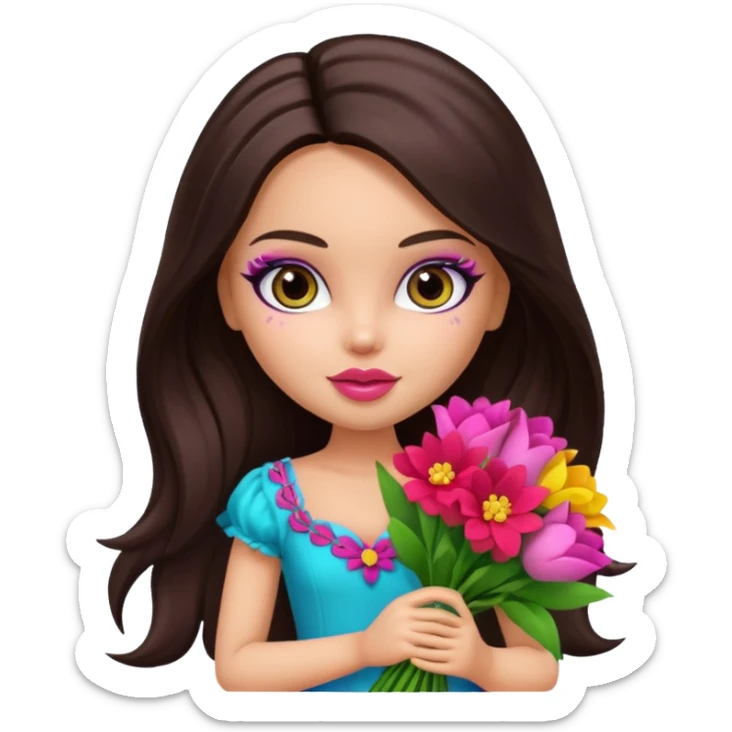  pretty bratz doll with makeup , long dark brown hair holding big bouquet of flowers  sticker