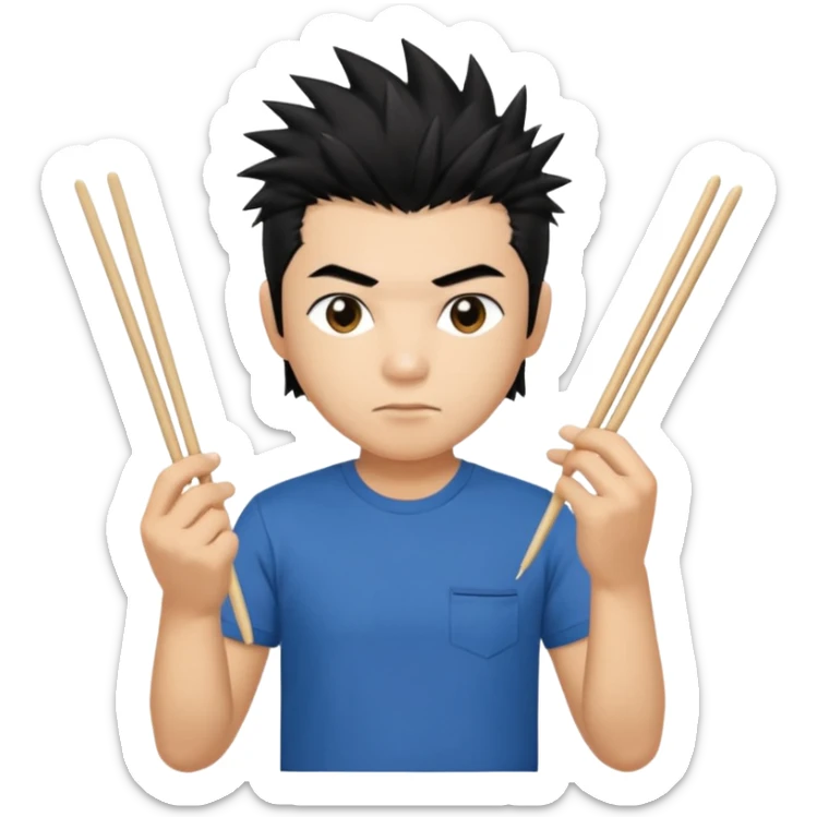 Make it a vietnamese male with spiky black hair holding only ONE pair of chopsticks, t-shirt sticker