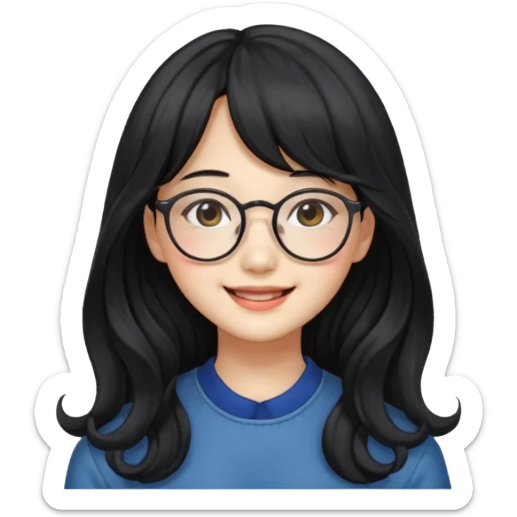 Please generate a portrait of a pretty girl with long, wavy, black hair. She's smiling. She also wears a middle parting and bangs. with glasses pink wonyoungsim from ive fom kpop group sticker