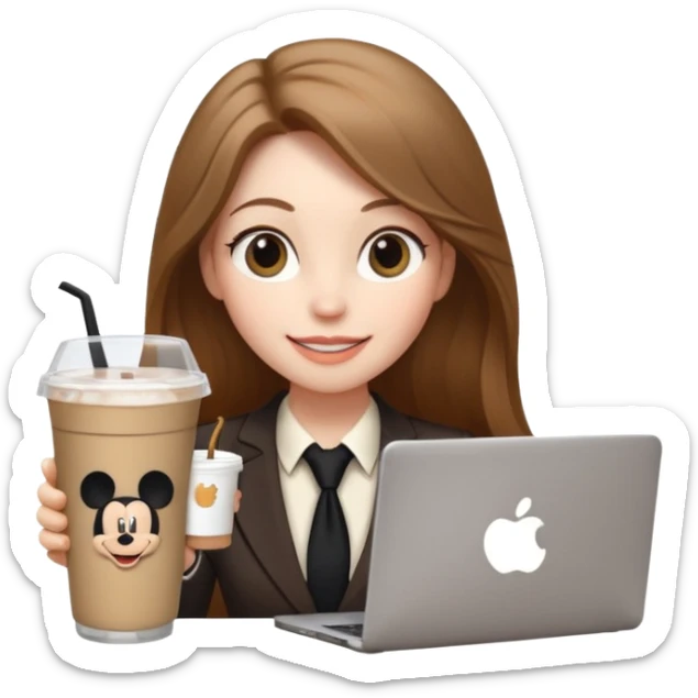 Women in front of laptop has a Mickey sticker, with a happy face, face a little fuller, long light brown hair, light brown big eyes, light pale skin with a iced coffee on the side, business attire sticker