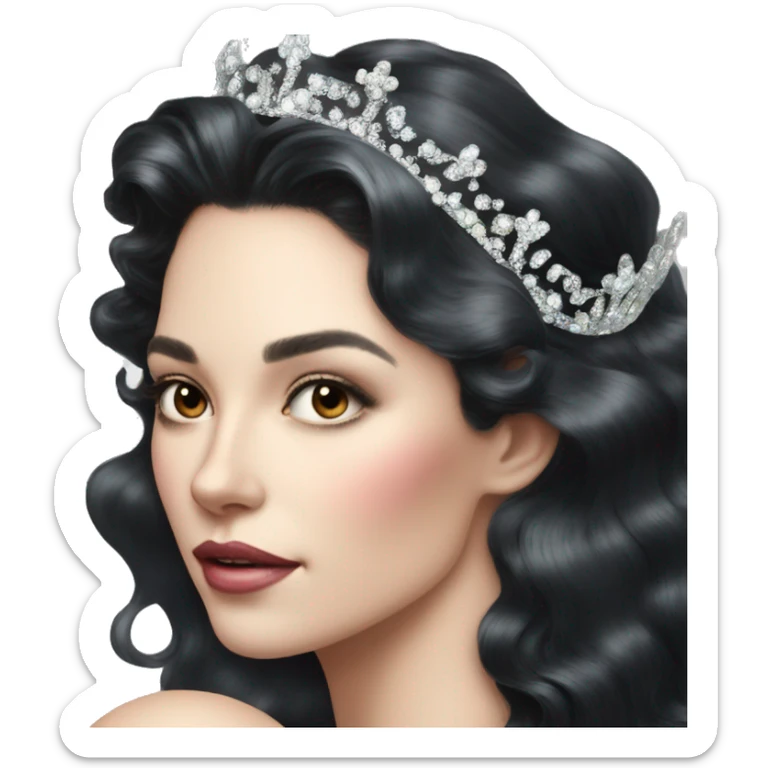 Regal pretty woman photograph defined cheekbones crown vintage with very long iridescent black and silver hair wavy black hair pearl crown iridescent sticker