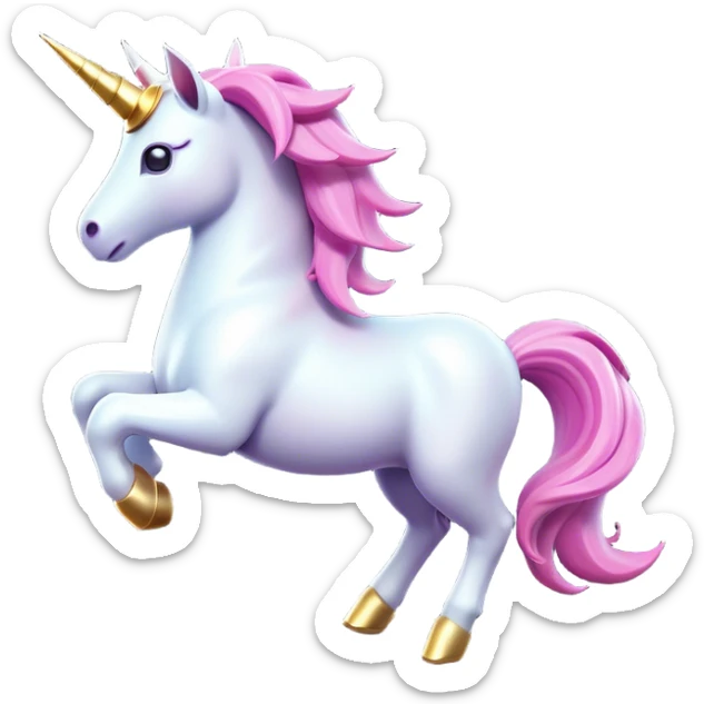 Clash of Clans aesthetic: Cinematic Playful Unicorn Mount Emoji, rendered in a 3D vector-style similar to standard emojis with minimal shading and bold, simplified shapes. A compact, isometric majestic unicorn with a spiraled horn and flowing mane, softly glowing with a magical celestial charm. Simplified yet unmistakably iconic, highly detailed and consistent, glowing with a soft radiant brilliance and high shine. Stylized with a touch of enchanted fantasy and a soft glowing outline, capturing the essence of a mythical mount with a friendly, playful elegance! sticker