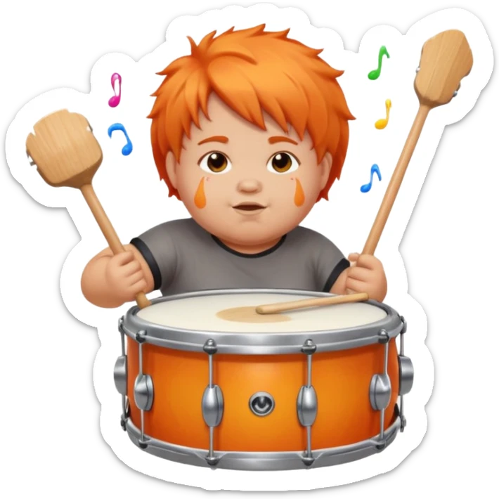 A chubby orange hair fan pounding a bass drum, cheeks puffing with energy with paints on his cheeks sticker