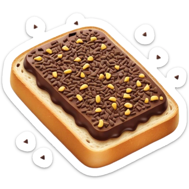 Hagelslag Cinematic Realistic Hagelslag Treat Emoji, depicted as crunchy chocolate sprinkles scattered on a slice of buttered bread, rendered with vivid textures and playful, inviting lighting. sticker