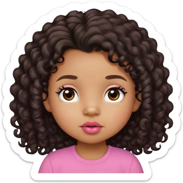 light brown skin tone, very adorable toddler, with big plump lips, long long lashes, black curly long hair, brown eyes, pink shirt sticker