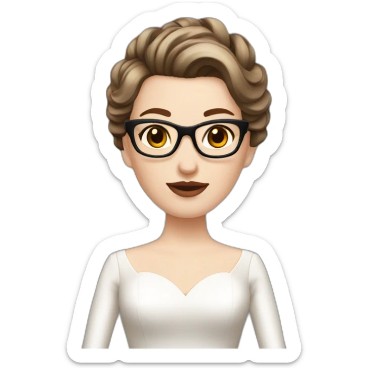 Pale skin bride head with short brown pompadour hair and dark brown eyes and glasses sticker