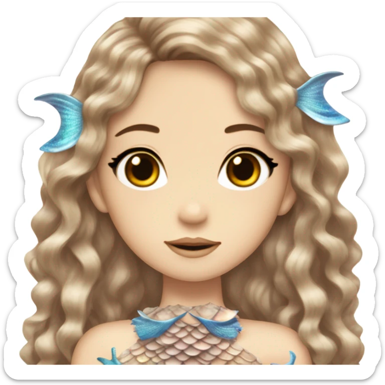 mermaid hime gyaru girl, brown hair, fish scales sticker