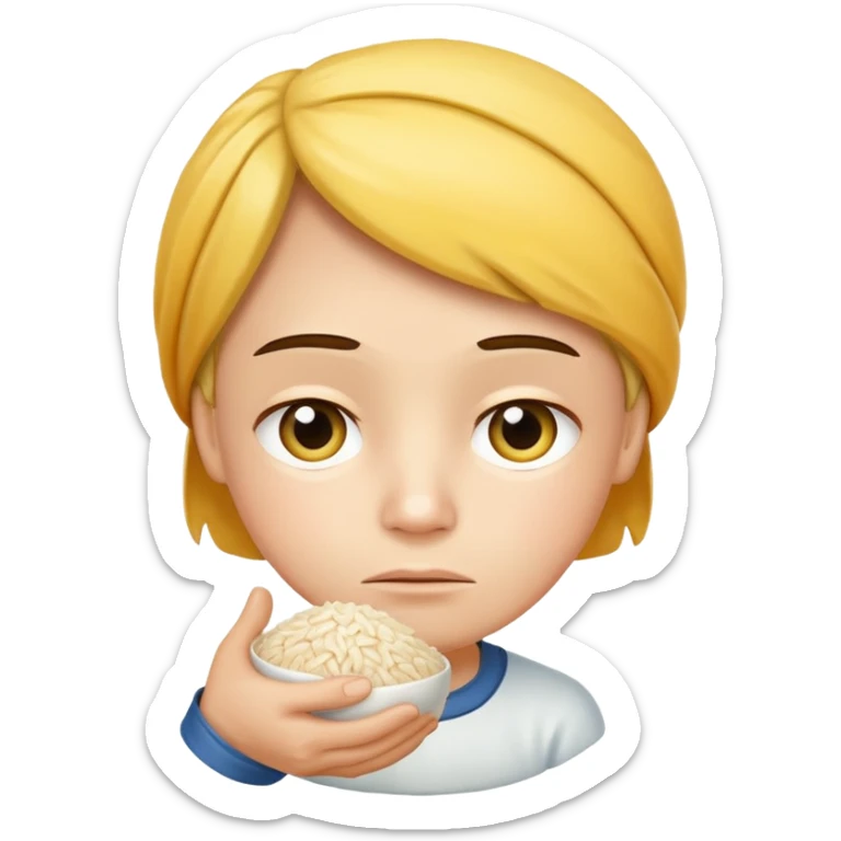 caring yellow face holding rice, gently frowning with worry — as if it wants to take care of you. sticker