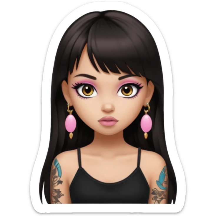 generate a pretty bratz girl in black cami top, dark brown straight long hair with bangs, eyeliner on, with tattoos sticker