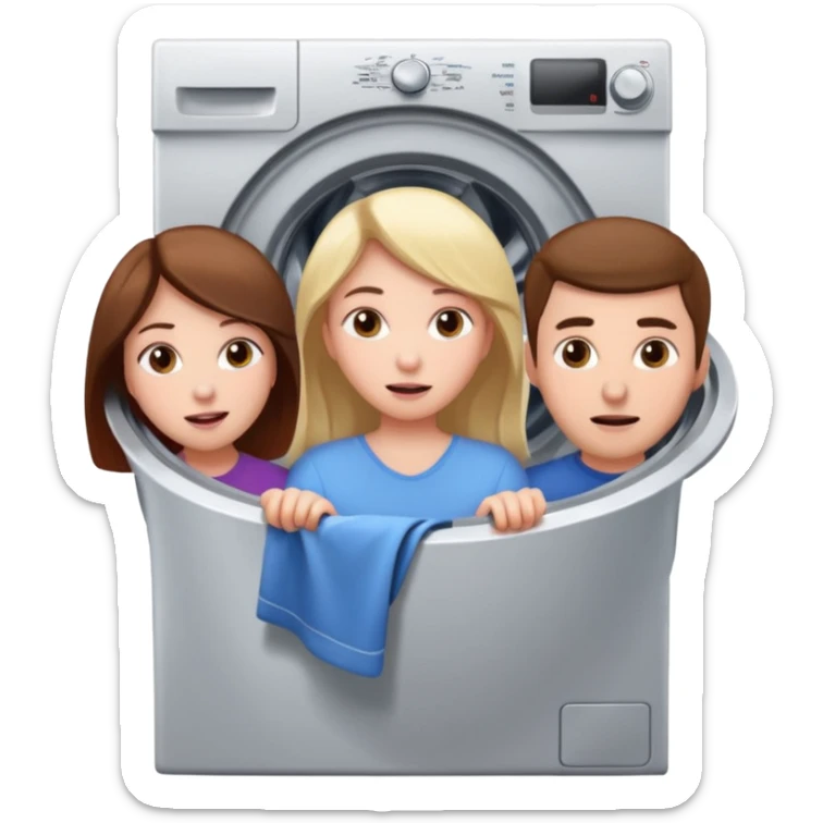 Eine Frau die in der Waschmaschine feststeckt und zwei männer die ihr helfen sticker