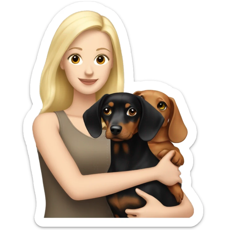 Blonde white woman and Brunette white woman holding black and tan dachshund sticker