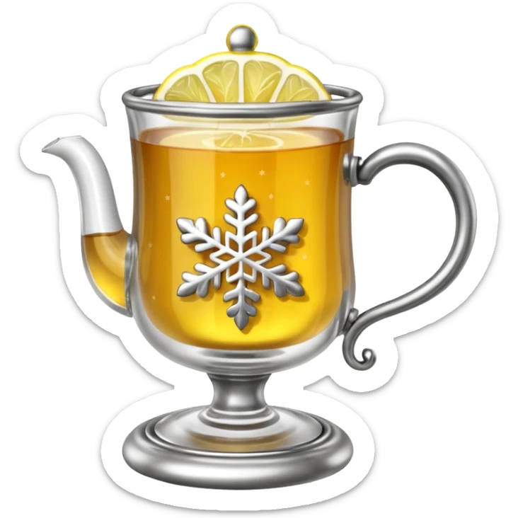 3D emoji of a traditional
Russian tea glass in an ornate silver metal holder (podstakannik). Hot tea with a lemon slice, visible steam forming a small snowflake shape. High-end glossy 3D
 sticker